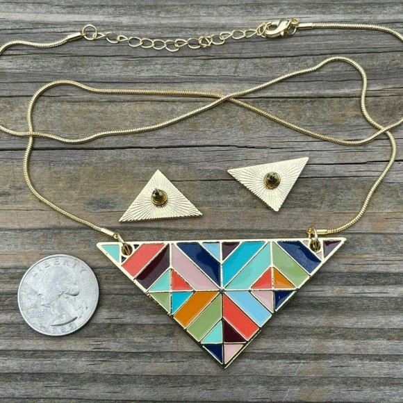 Fruitful Necklaces Gold Tone Geometric Triangle Earring enamel paint Jewelry Set - Picture 10 of 12
